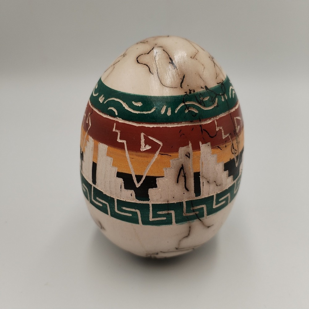 Vintage Hand Etched Horse Hair Pottery Egg Figurine Southwest Pueblo Signed